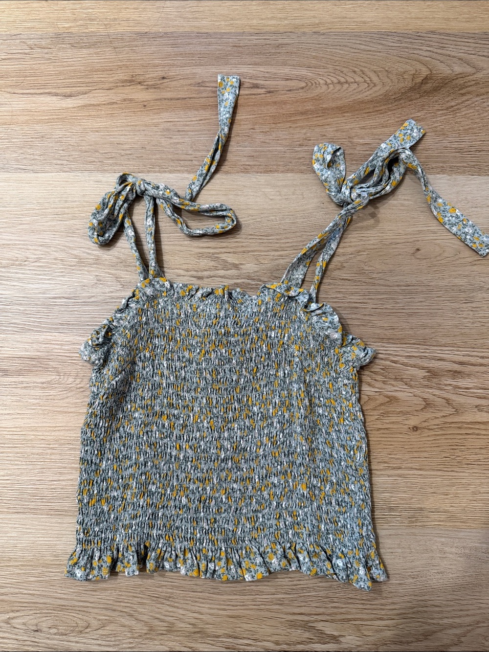 Floral Smocked Tie-Shoulder Crop Top - Yellow/Gray